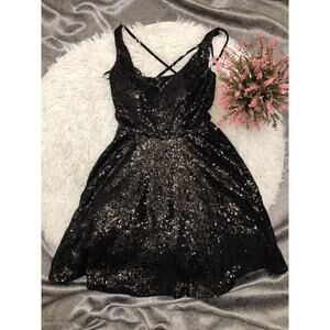B Darlin Women's Black Sequined Party Strappy Back Mini Dress Padded Bra 3/4